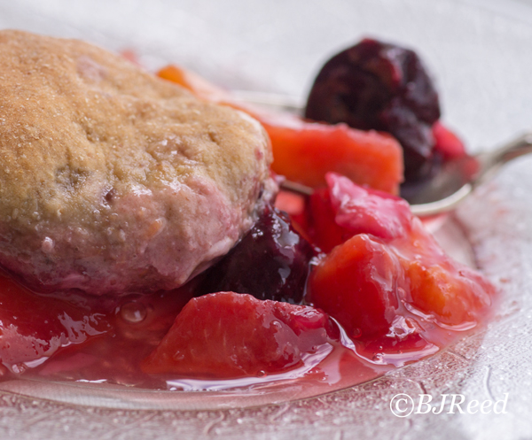 Coach BJ's Peaches and Cherries cobbler in the round