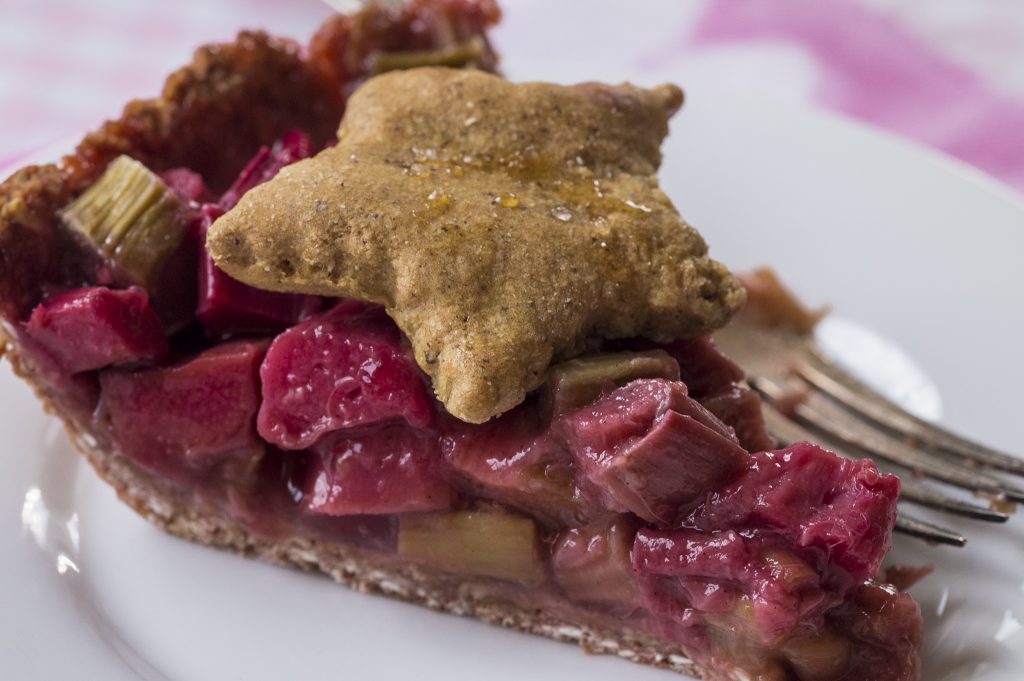 RHUBARB PIE: Garden fresh garden red and green rhubarb. I made my first rhubarb pie...ever! If I must say so, it turned out well and was tasty...nice seasonal Spring plant-based dessert.