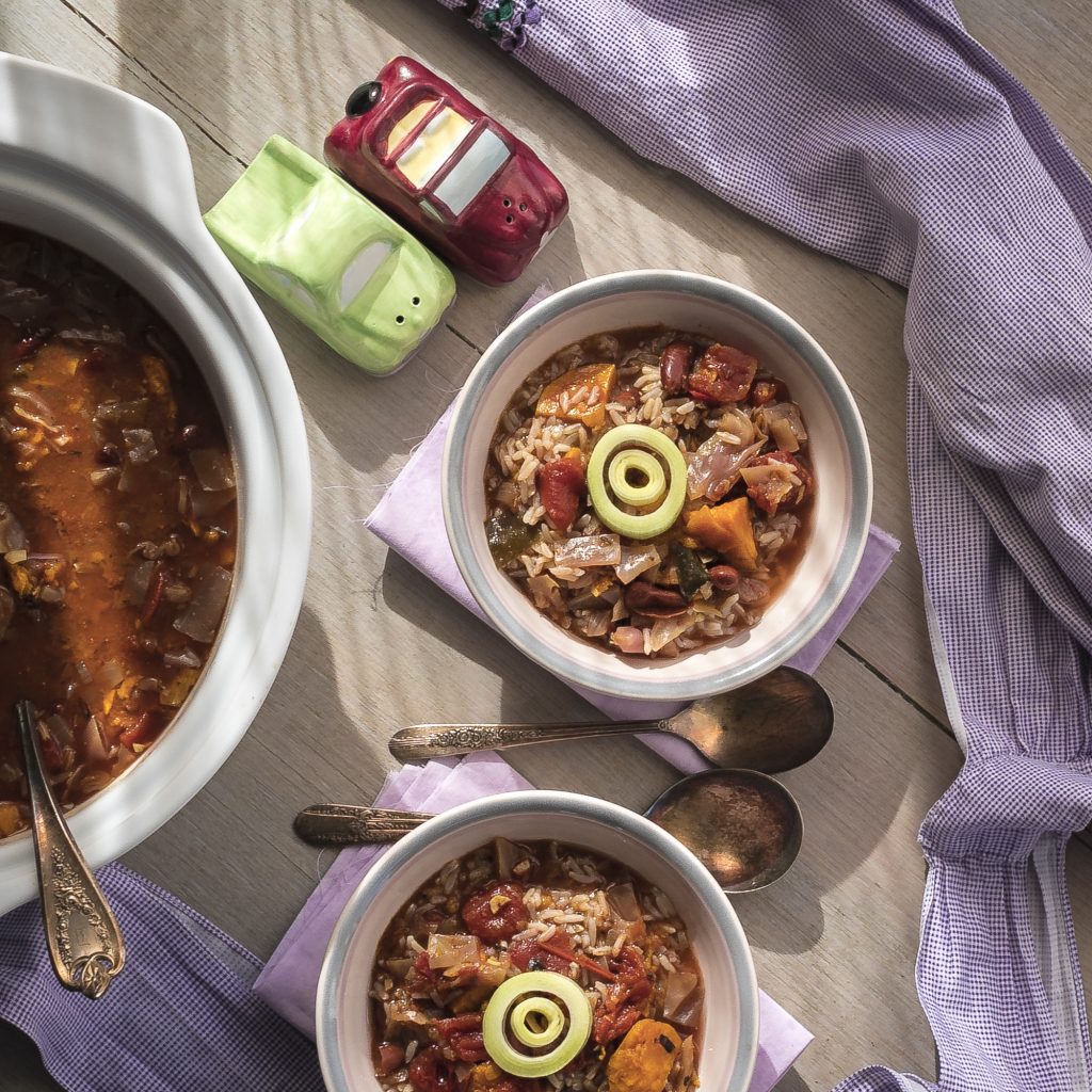 AFRICAN STEW:  A plant-based spicy stew served over brown rice, made in the pressure cooker in 4 minutes. This stew is  chocked full of red cabbage, sweet potatoes, kidney beans, tomatoes with berbere and a bunch of other spices. How about those new salt/pepper shakers...aren't they awesome!